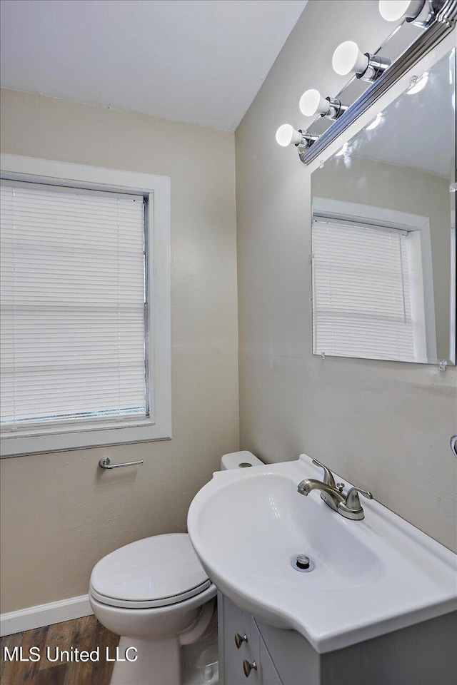 bathroom with vanity, hardwood / wood-style flooring, and toilet