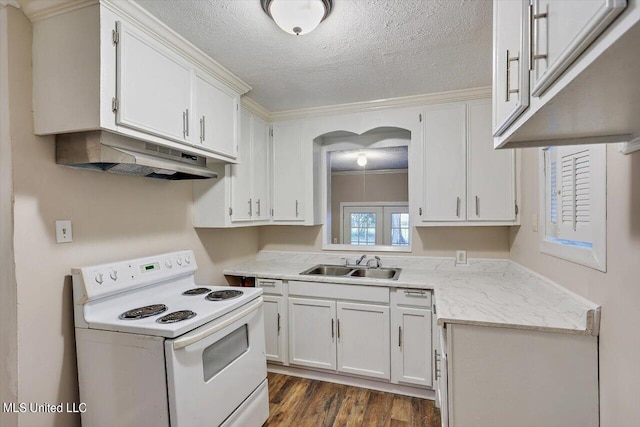 kitchen featuring sink, electric range, white cabinetry, a textured ceiling, and dark hardwood / wood-style flooring