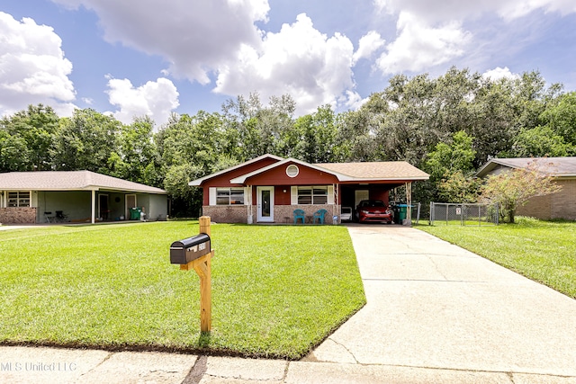 single story home with a carport and a front lawn