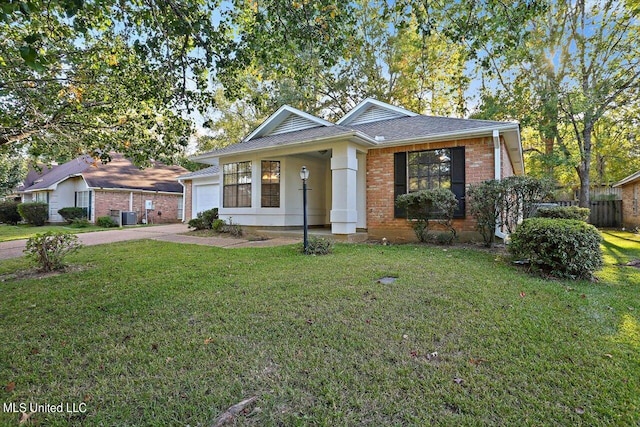 bungalow featuring brick siding, concrete driveway, a garage, a front lawn, and cooling unit