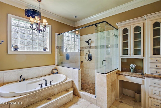 bathroom featuring plus walk in shower, a chandelier, tile patterned flooring, and ornamental molding