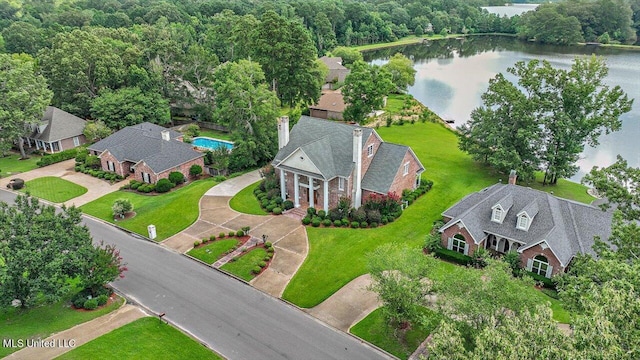 drone / aerial view featuring a water view