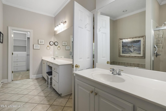 262 Geneva Blvd, Madison, MS 39110 - bathroom with ornamental molding, two vanities, a shower stall, and tile patterned flooring