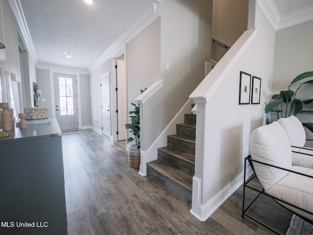 10501 Glade Cv, Gulfport, MS 39503 - foyer with ornamental molding, stairway, wood finished floors, and recessed lighting