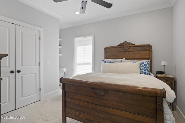 bedroom featuring a ceiling fan, light colored carpet, crown molding, and baseboards