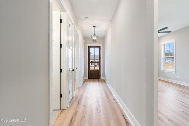 hallway with a healthy amount of sunlight, an inviting chandelier, and light hardwood / wood-style flooring