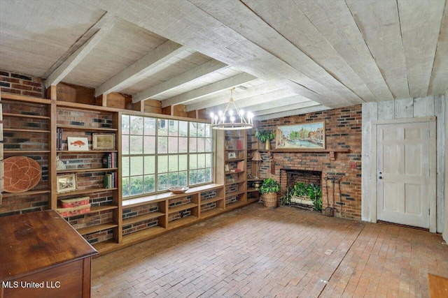 4638 Katherine Blvd, Jackson, MS 39211 - unfurnished living room with a chandelier, wood ceiling with exposed beams, brick floors, and a brick fireplace