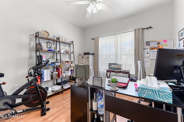 office area featuring hardwood / wood-style floors and ceiling fan