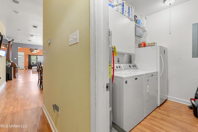 washroom with electric panel, ceiling fan, a textured ceiling, washing machine and clothes dryer, and light hardwood / wood-style floors