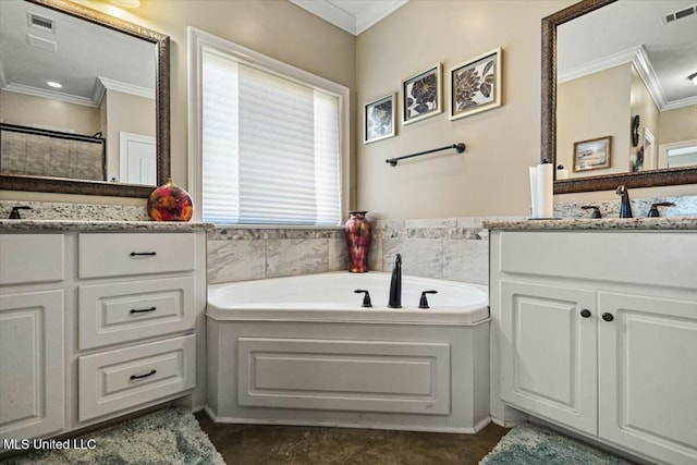 bathroom featuring a shower, visible vents, crown molding, and a garden tub