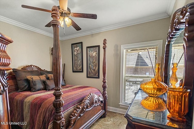 bedroom featuring ornamental molding, ceiling fan, and baseboards