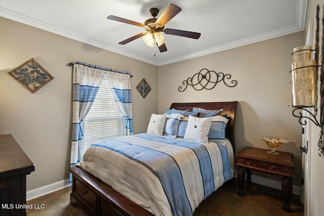 carpeted bedroom with a ceiling fan, crown molding, and baseboards