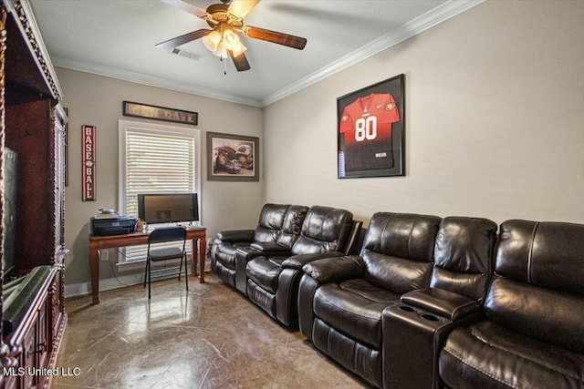 home theater room with marble finish floor, crown molding, visible vents, ceiling fan, and baseboards