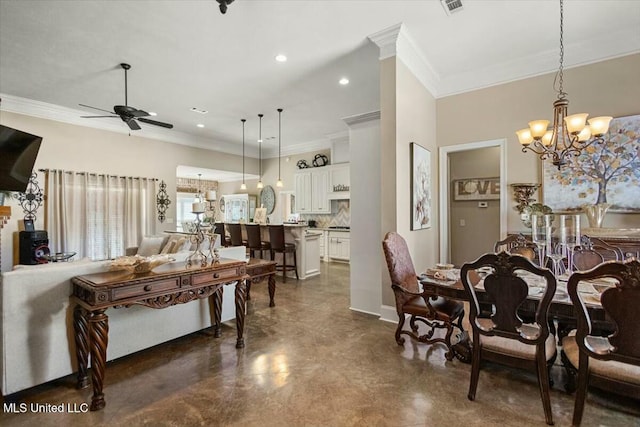 dining room with baseboards, ornamental molding, ceiling fan with notable chandelier, concrete floors, and recessed lighting