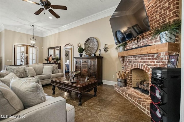 living area with carpet floors, baseboards, ornamental molding, and ceiling fan with notable chandelier