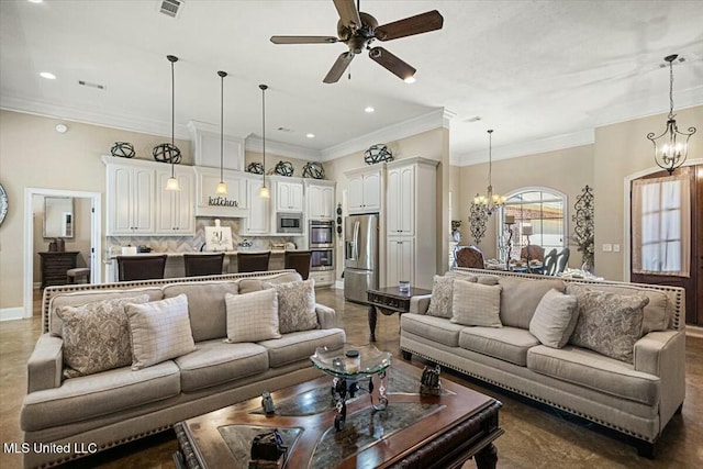 living room with ornamental molding, recessed lighting, baseboards, and ceiling fan with notable chandelier