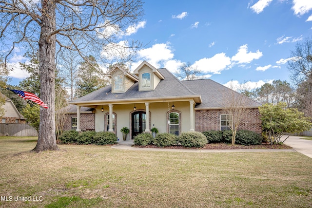 view of front of property with a front yard, fence, roof with shingles, stucco siding, and brick siding