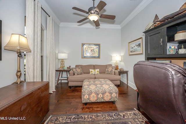 home office with dark wood-style floors, baseboards, ceiling fan, and ornamental molding