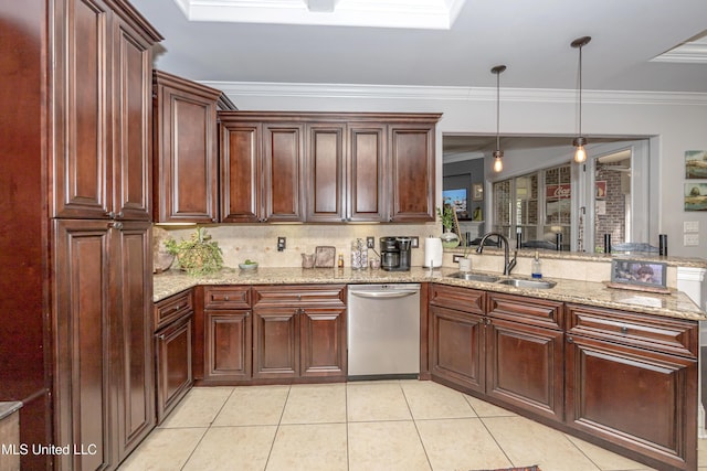 kitchen with light tile patterned floors, a peninsula, a sink, dishwasher, and crown molding