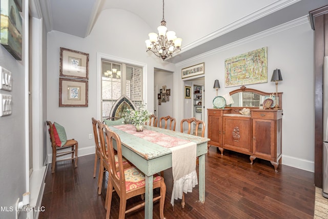 dining space with dark wood-style floors, baseboards, an inviting chandelier, and ornamental molding