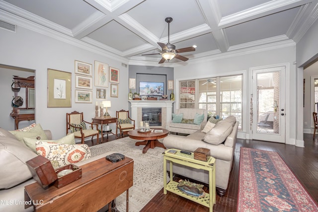 living area with a glass covered fireplace, dark wood-type flooring, visible vents, and coffered ceiling