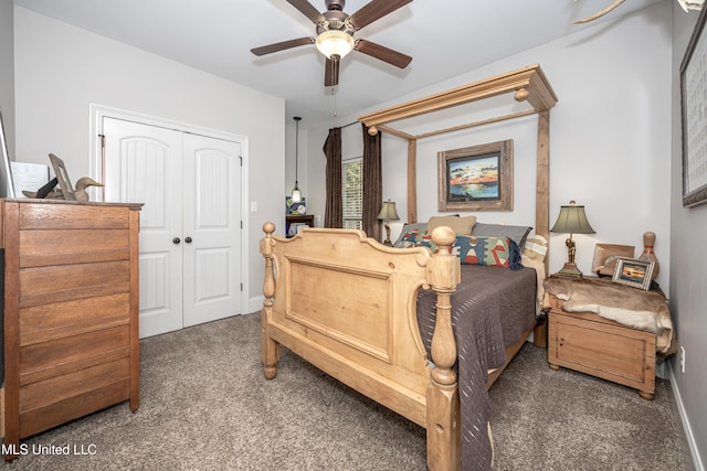 bedroom featuring a closet, baseboards, a ceiling fan, and carpet