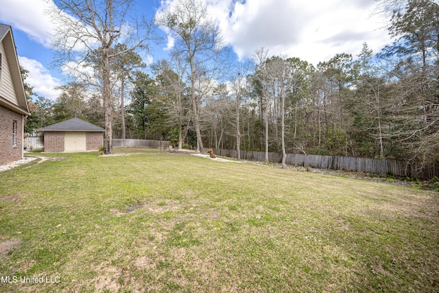 view of yard with an outdoor structure and a fenced backyard