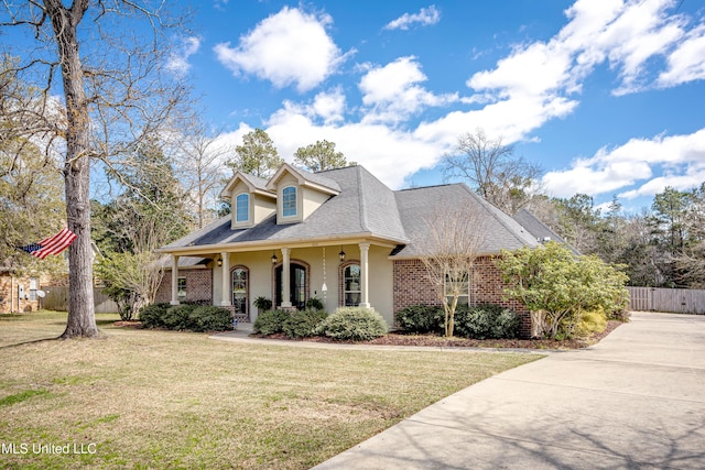 view of front facade featuring fence, roof with shingles, covered porch, a front yard, and brick siding