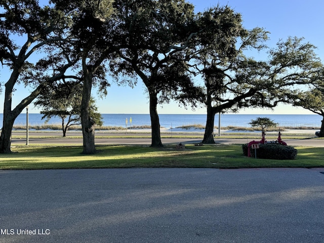 view of property's community with a lawn and a water view