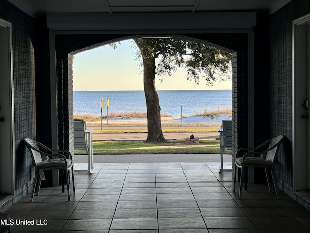 interior space featuring a water view