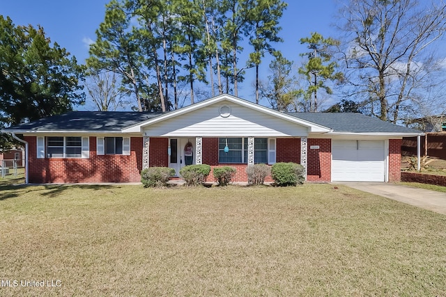 ranch-style house featuring an attached garage, a front yard, concrete driveway, and brick siding