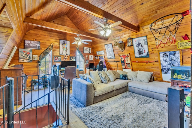 living room featuring ceiling fan, vaulted ceiling with beams, wood-type flooring, and wood ceiling