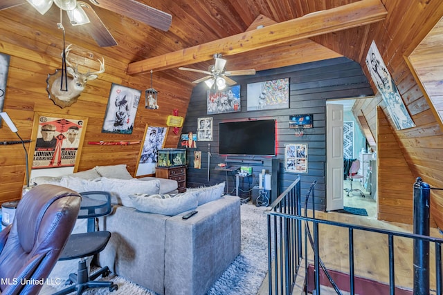 living room featuring lofted ceiling with beams, wood walls, and wooden ceiling