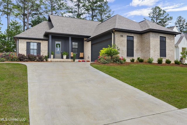 118 Seymour Dr, Madison, MS 39110 - view of front of property featuring concrete driveway, a shingled roof, a garage, a front yard, and brick siding