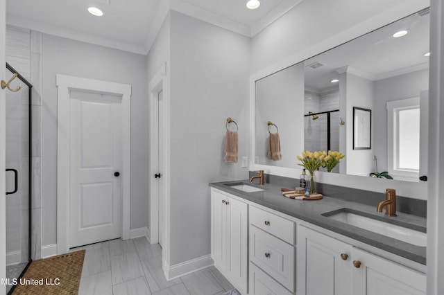 118 Seymour Dr, Madison, MS 39110 - bathroom with a stall shower, ornamental molding, double vanity, baseboards, and marble look tiles