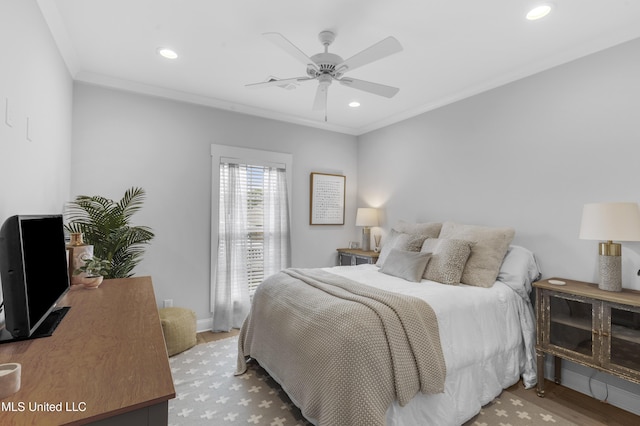 118 Seymour Dr, Madison, MS 39110 - bedroom with ornamental molding, recessed lighting, wood finished floors, and ceiling fan