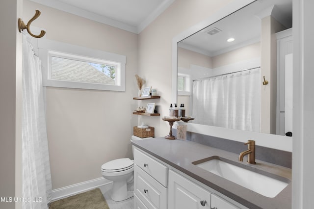 118 Seymour Dr, Madison, MS 39110 - bathroom featuring plenty of natural light, crown molding, toilet, vanity, and baseboards
