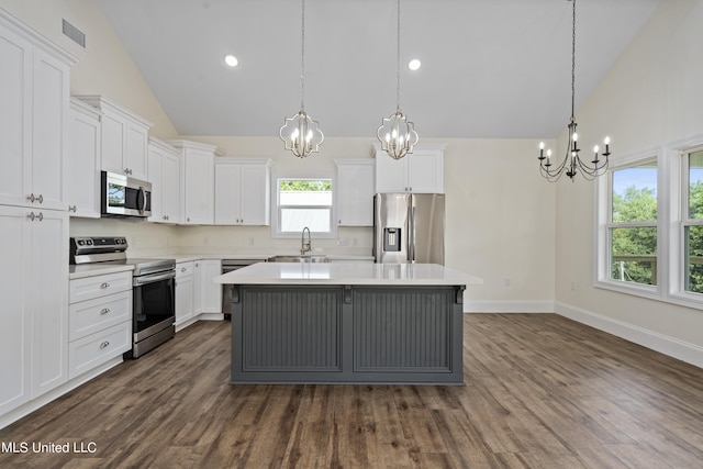 kitchen featuring appliances with stainless steel finishes, pendant lighting, a kitchen island, and white cabinets