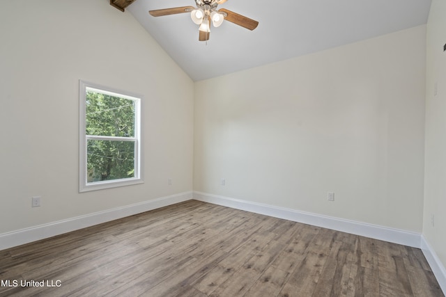 unfurnished room with high vaulted ceiling, light wood-type flooring, and ceiling fan