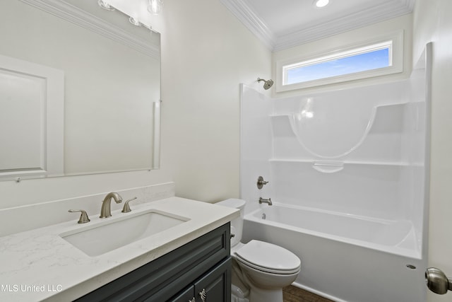 full bathroom featuring vanity, ornamental molding, toilet, and shower / bathtub combination