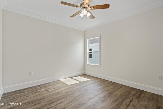 unfurnished room featuring crown molding, hardwood / wood-style flooring, and ceiling fan