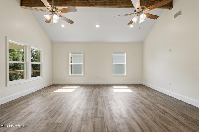 unfurnished room featuring beamed ceiling, hardwood / wood-style floors, high vaulted ceiling, and ceiling fan