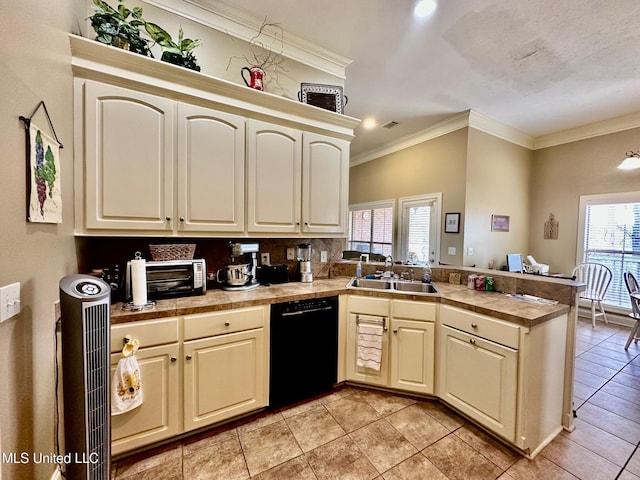 kitchen featuring kitchen peninsula, light tile patterned floors, black dishwasher, and sink