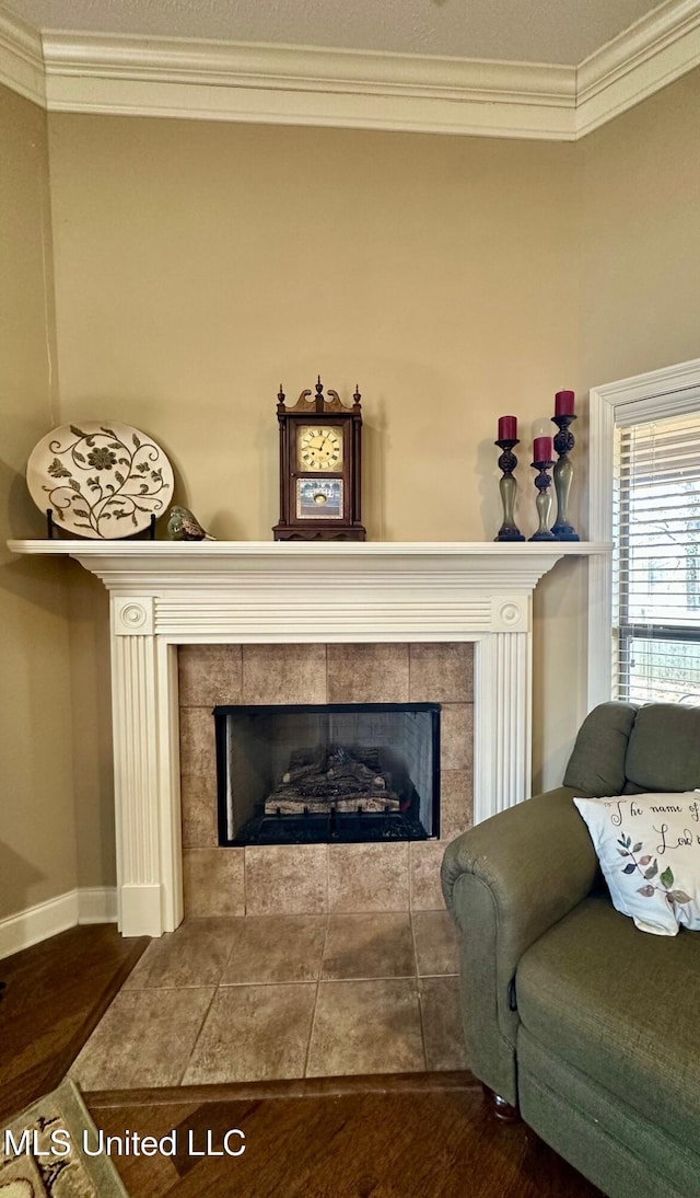 room details featuring a fireplace, wood-type flooring, and ornamental molding