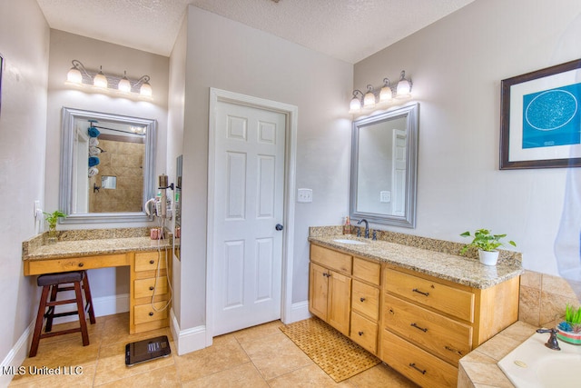 bathroom featuring vanity, a textured ceiling, tile patterned floors, and plus walk in shower