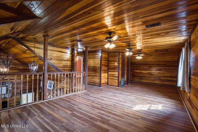 bonus room with wood-type flooring, wooden walls, wood ceiling, and vaulted ceiling