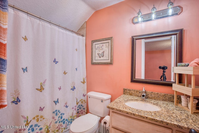 bathroom featuring lofted ceiling, toilet, a textured ceiling, vanity, and walk in shower