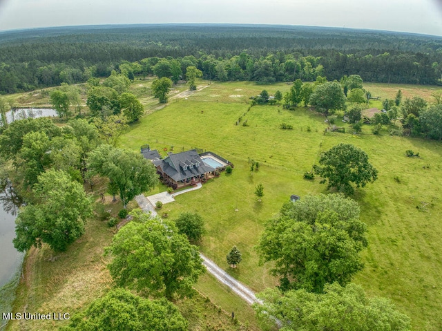 birds eye view of property featuring a rural view and a water view