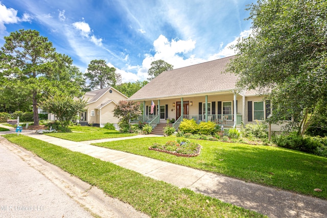 view of front of house with a porch and a front lawn