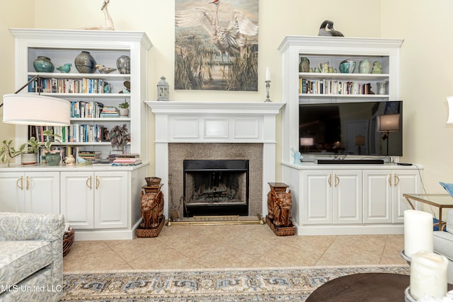 living room with light tile patterned flooring